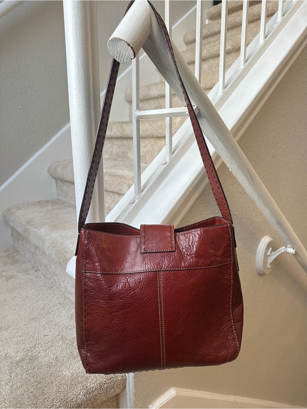 Vintage Fossil ZB9097 90s Oxblood Brown Genuine Leather Shoulder Bag Purse - Picture 2 of 13